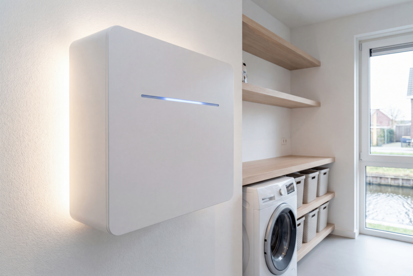 Witte thuisbatterij hangt in een lichte bijkeuken